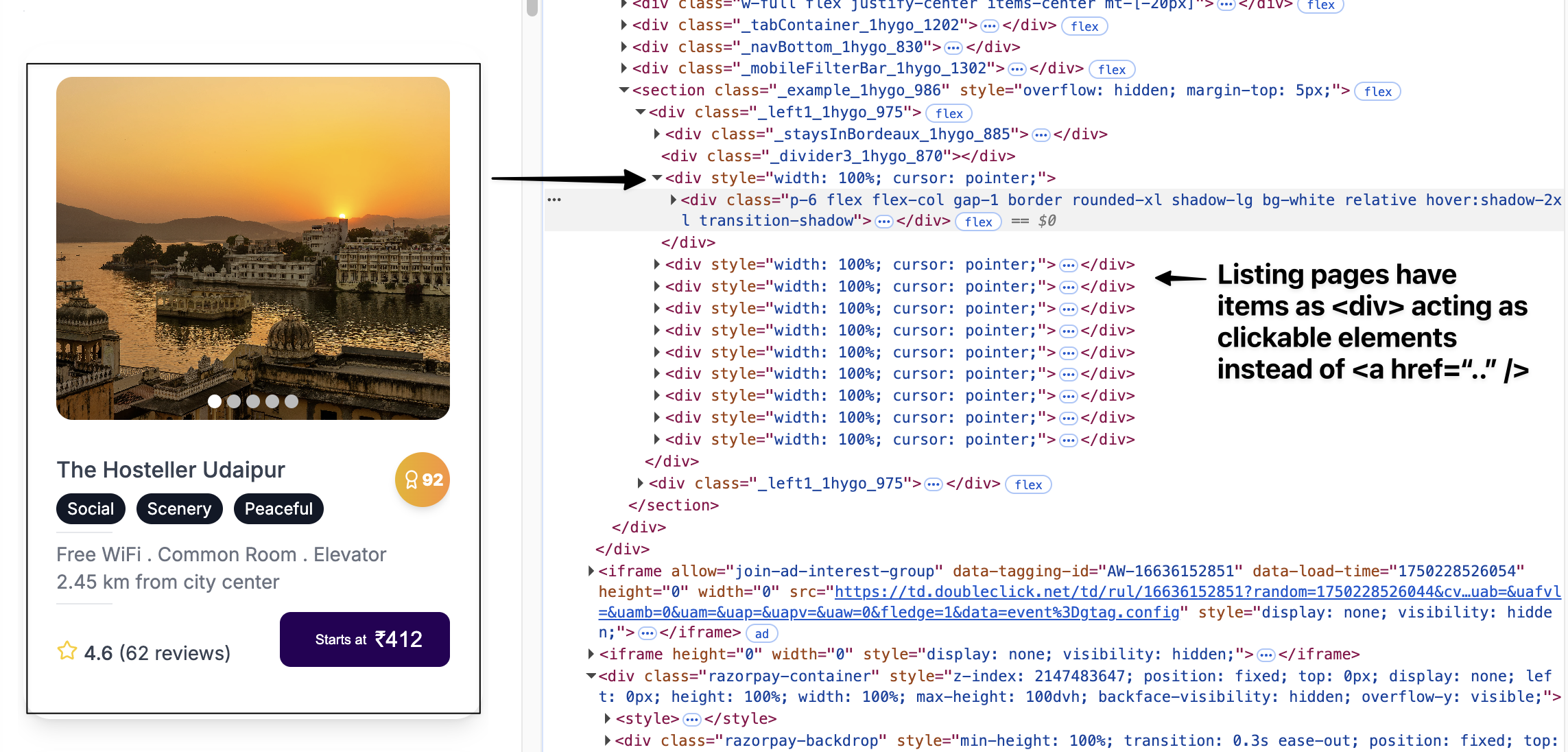 The browser-side rendered pages contain JavaScript driven navigation via <div> onclick events
