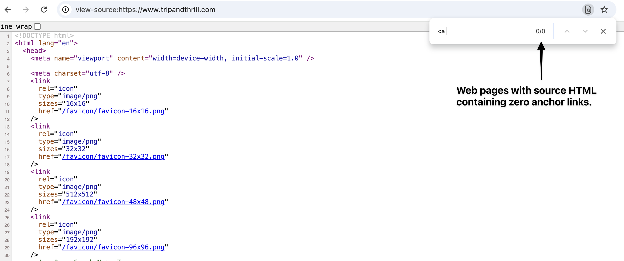 The HTML returned for the server for important pages contains no anchor links