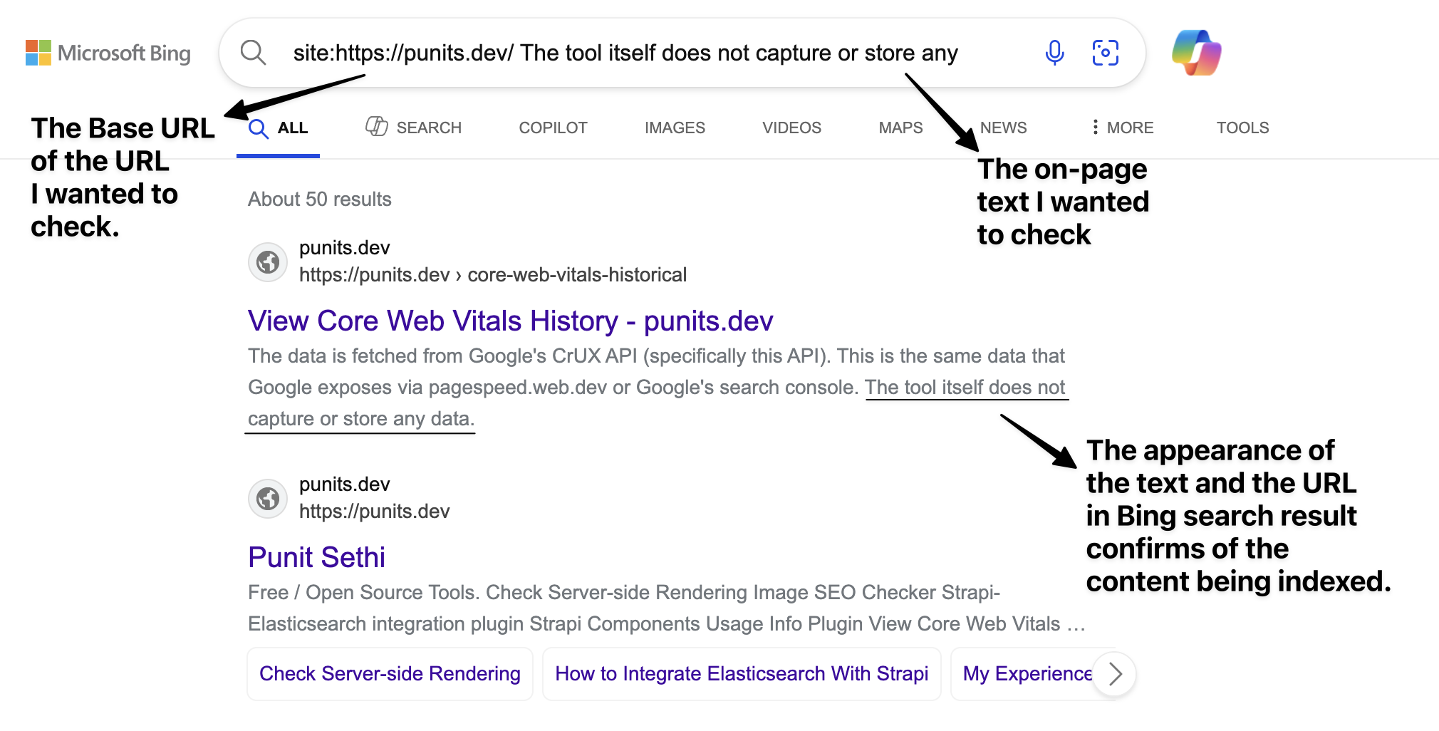 Checking on Bing for indexing of a certain content on a specific URL