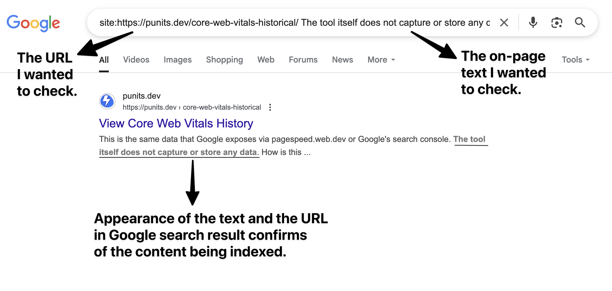 Checking on Google for indexing of a certain content on a specific URL